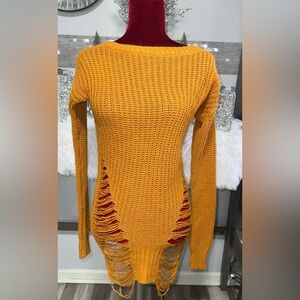 Mustard Yellow Knit Sweater with Distressed Design